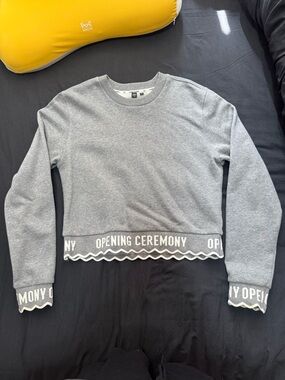 Opening Ceremony Heather Gray Cropped Logo Sweatshirt with Scalloped Trim